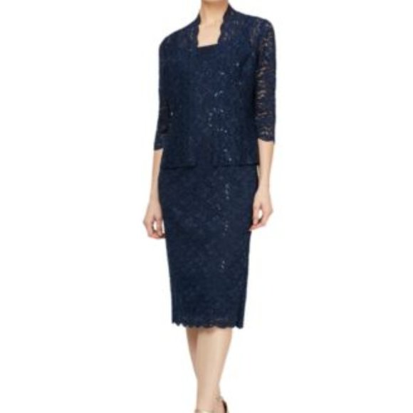 SL Fashions Petite Lace Jacket Midi Dres Navy Blue - Picture 1 of 2